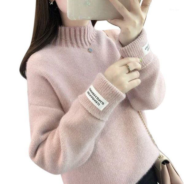 

women's sweater 2019 autumn winter solid color half high collar embroidery slim bottom loose pullover sweater jersey mujer1, White;black