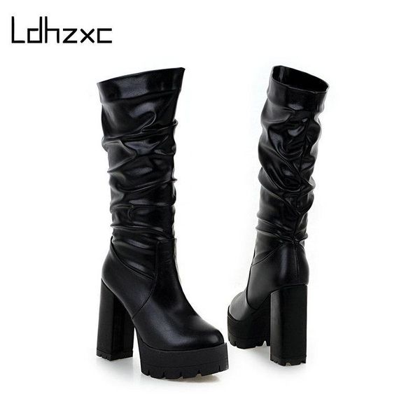 

ldhzxc band designer pu leather women knee high boots round toe boots women long platform high heel black
