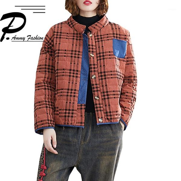 

2019 winter new large size cotton loose small cotton jacket stand collar plaid short coat retro women's warm coat1, Black;white