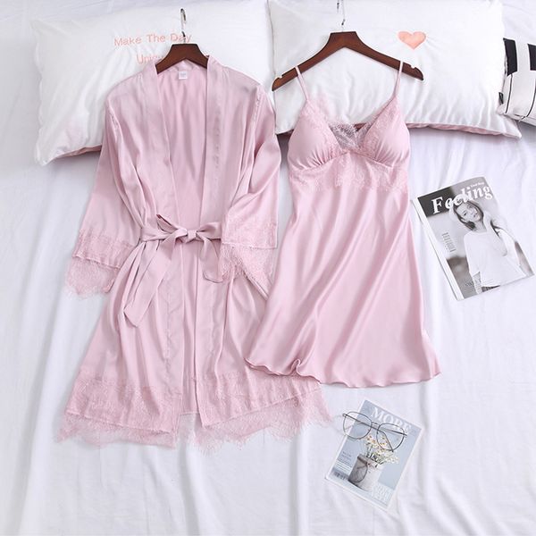 

2021 new women's spring summer silk pijamas sets solid female nightgowns v neck with lace sleepwear short night dress bcjg, Black;red