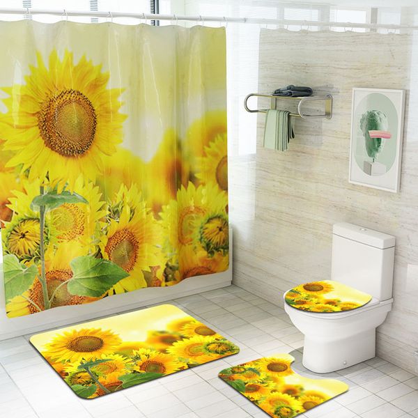 1Set PVC Sunflower Badezimmer Produkte Sockel Teppich + Deckel Toilettendeckel + Badematte Set + Duschvorhang + 12x Haken Home Decor T200711