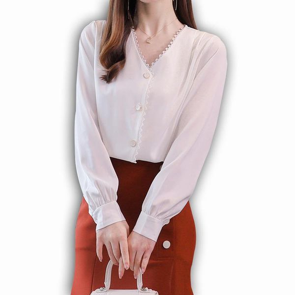 

foxmertor silk shirt vintage women blouse autumn spring long sleeve solid 4 colors -4xl shirts female soft casual ladies, White