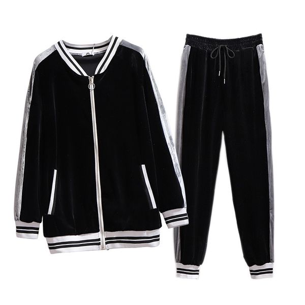 

plus size women fat mm2020 autumn new sweater casual pants gold velvet two-piece slim fashion women's sportswear, Gray