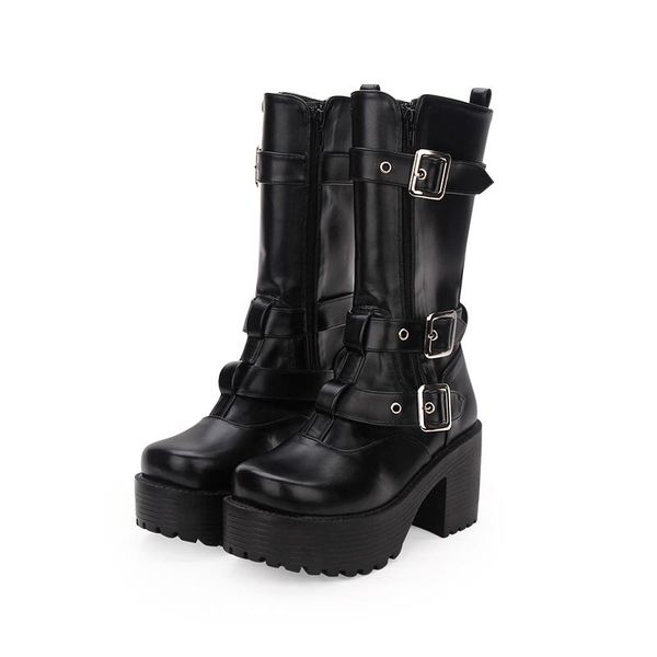 

angelic imprint new arrival pu leather round toe punk style lolita boots high heel lace up women's shoes size35-39 9637, Black