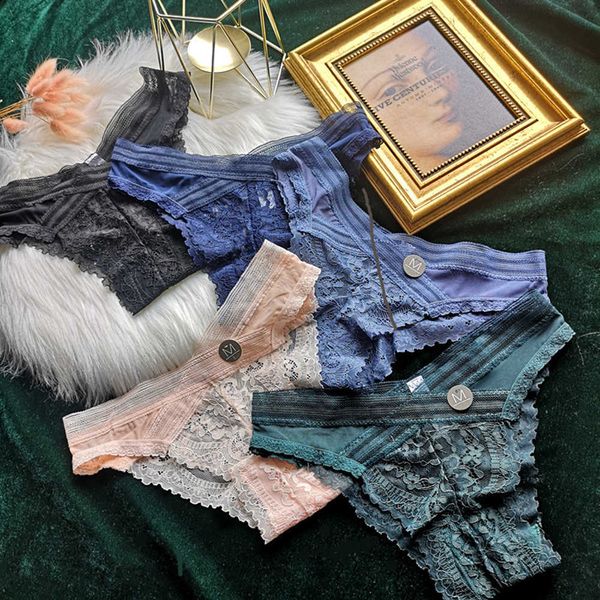 

2020 new lace hollow panties women's low waist soft ladies underwear transparent temptation seamless briefs female, Black;pink