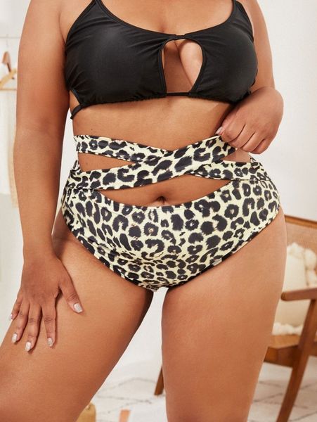 

plus leopard criss cross bikini bottom z1p1#, Black