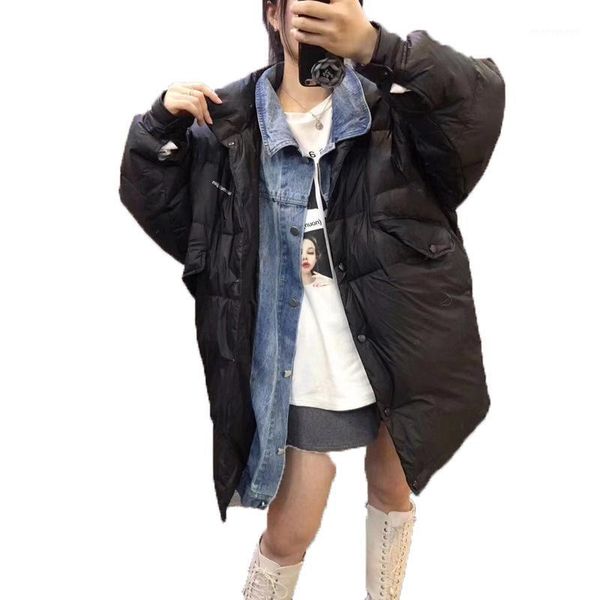 

women's vests winter style korean-style mid-length cowboy stitching fold-down collar down jacket women's white duck jacket1, Black;white
