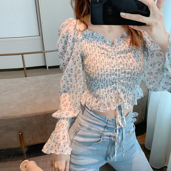

women's blouses & shirts blouse women 2021 autumn sweet floral print chiffon shirt one word collar long sleeve crop navel puff lady&#03, White
