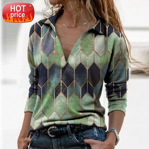 

women long sleeve v neck geometric print blouse vinrage loose shirt spring casual pullover ladies elegant plus size blusas #vl9g, White