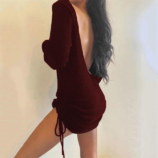 

2020 new ladies sweater dress fashion o-neck halter drawstring autumn solid color loose casual long sleeve sweater dress, Black;gray