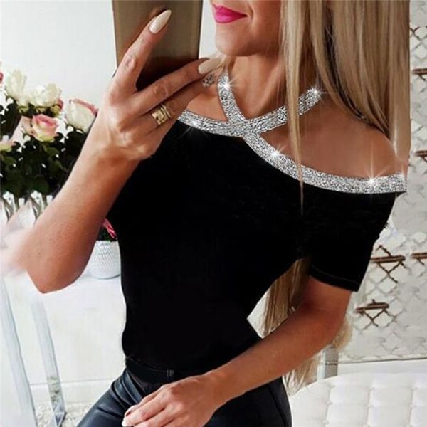 

summer women elegant basic casual female lace-up leisure shirt rhinestone details halter short sleeve blouse y200622, White