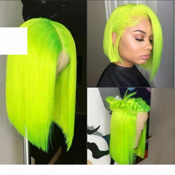 

13*4 synthetic lace front wig straight hair bob wigs ombre color and green color lace frontal cosplay short wigs for women, Black