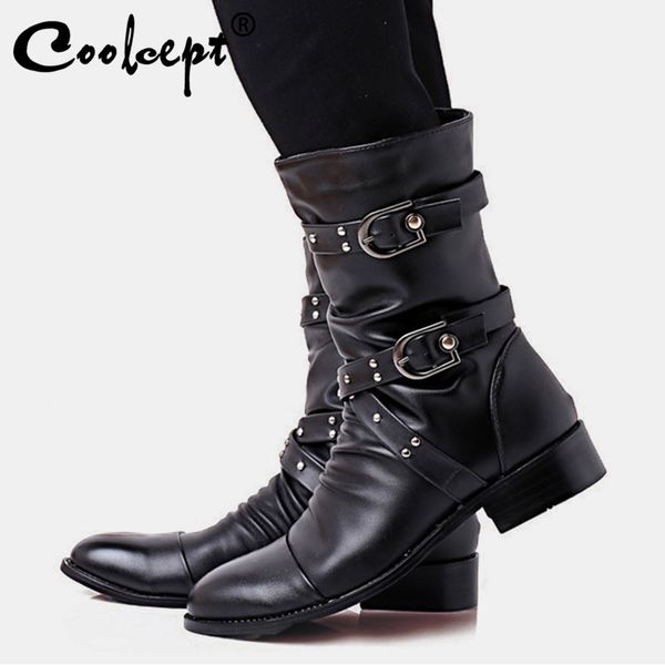 

boots coolcept plus size 34-48 mid calf women gothic metal rivets buckle casual flats winter warm black punk footwear