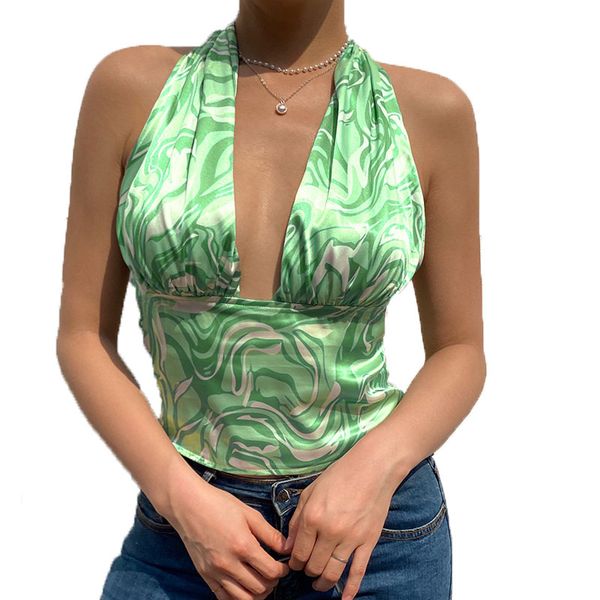 

women's tanks & camis hip hop summer backless sleeveless halter women printed v neck satin crop ladies fashion elegant streetw, White