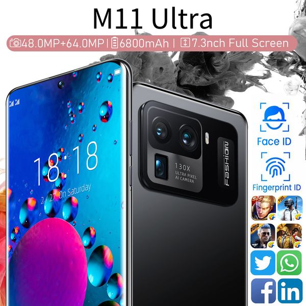 M11ultra Phone Hot Newstyle Global Version оригинальный Android смартфон 7.3 дюйма 6800AMH большой экран мобильного телефона двойной SIM-ячейки мобильный смартфон ID 5G 4G разблокирован
