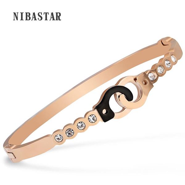 

316l stainless steel handcuffs open bangles for women rose-gold color pave cubic zirconia lock design, Black