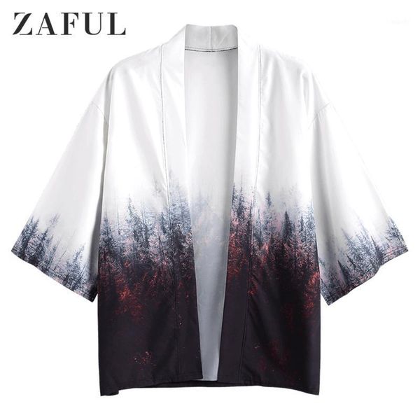 

zaful forest painting print casual kimono for men cardigan three quarter sleeve open front print collarless casual shirts1, White;black