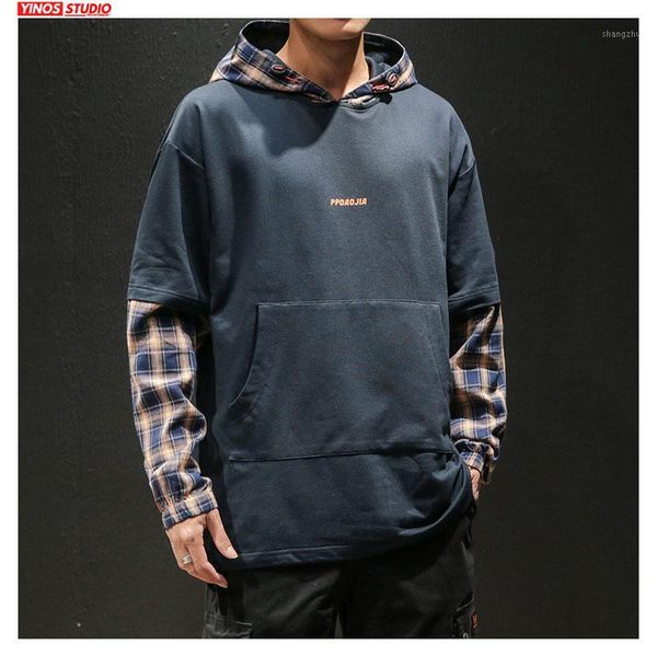 

dropshipping autumn male streetwear causal outwear hoodies outwear patchwork plaid sleeve japanese hooded pullover1, Black