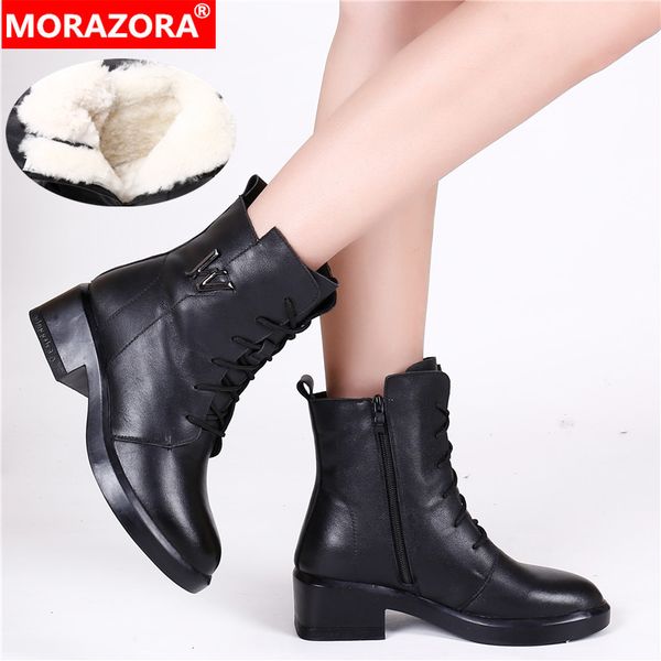 

morazora new fashion snow boots women genuine leather ankle boots lace up zip med heels platform boots woman winter shoes 201020, Black
