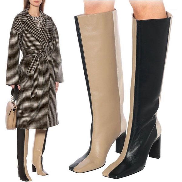 

new square toe knee-high boots women fashion mixed colors leather botines mujer back zipper 2020 winter runway shoes women1, Black