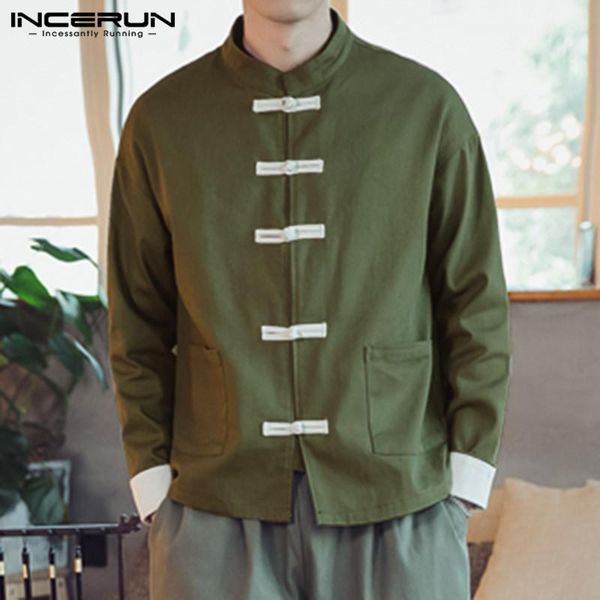 

incerun chinese style men shirts long sleeve button up solid elegant casual stand collar shirt men vintage streetwear 2020, White;black
