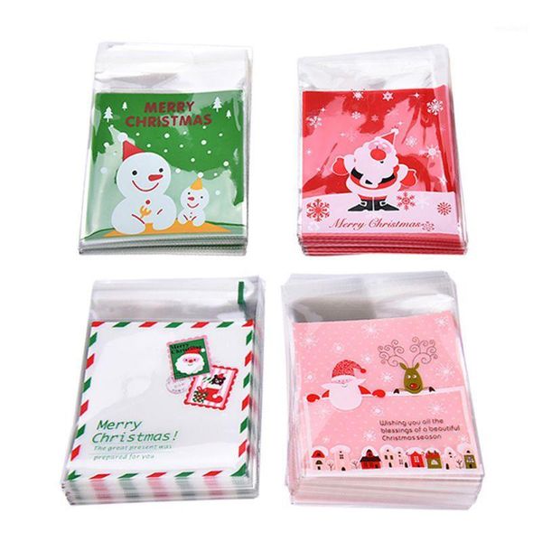 Weihnachtsdekorationen 100 teile/satz Weihnachten selbstklebende Keksverpackung Plastiktüten Süßigkeiten Kuchen Paket Keksbeutel Geschenke Taschen1