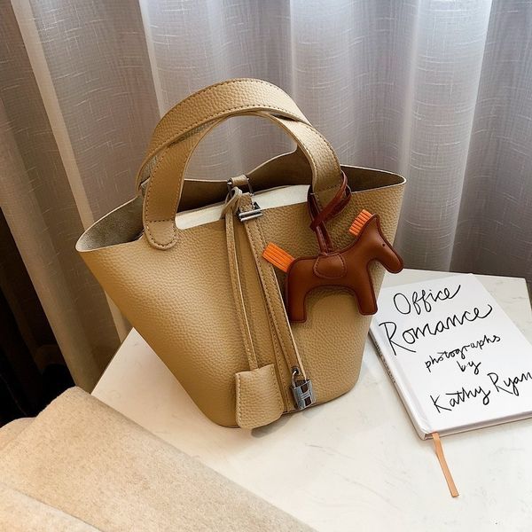 

vegetable basket new korean chic fashion litchi pattern solid color water bucket portable one shoulder women's bag