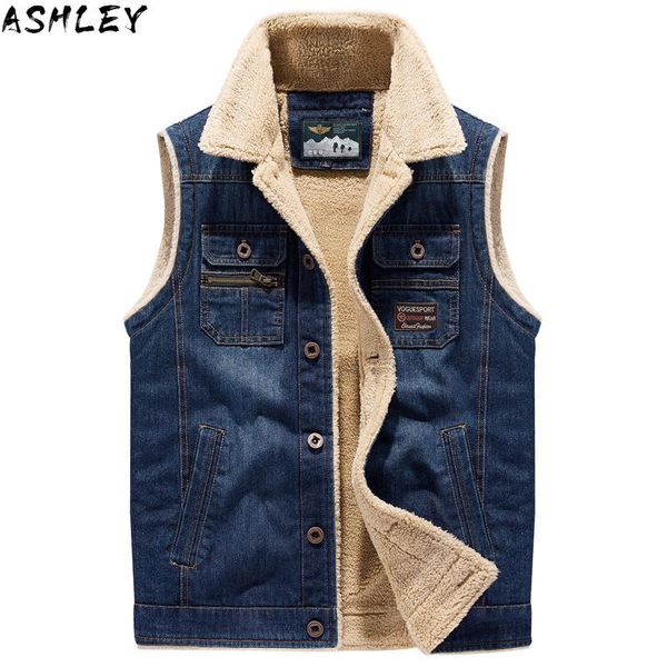

mens vests thick autumn winter fleece denim casual waistcoats vest lambskin multi-pocket cotton outwear, Black;white