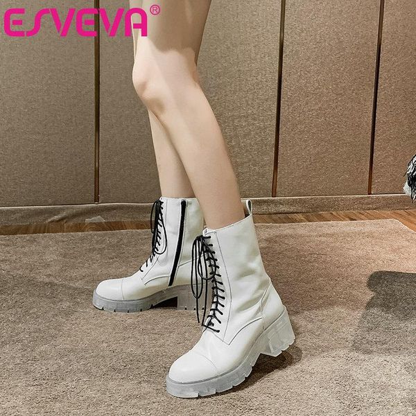 

boots esveva 2021 pu leather ankle autumn winter zipper round toe ladies pumps square heel slip on women shoes big size 34-40, Black