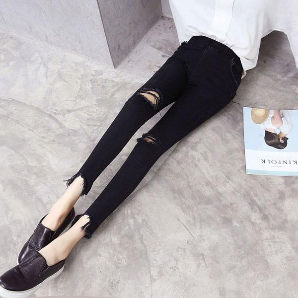 

high waist jeans for women fashion elastic stretch jeans female streetwear frayed washed denim skinny pencil pants1, Blue