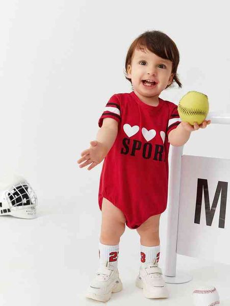 

baby letter & heart print contrast tape bodysuit she, Blue