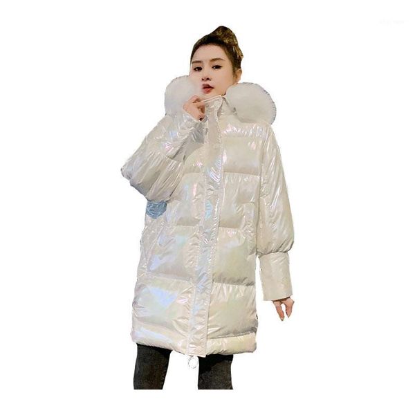 

chic women medium long winter jacket hooded fur collar detachable glossy windproof bio down coat oversize cotton padded parkas1, Black