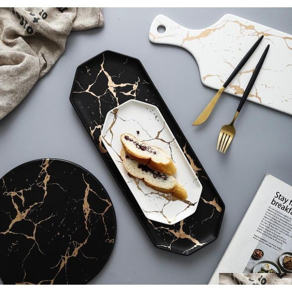 

european white black golden ceramic dishes and plate pizza dessert steak dinner set porcelain tableware decorative food tray t191218 fquvk