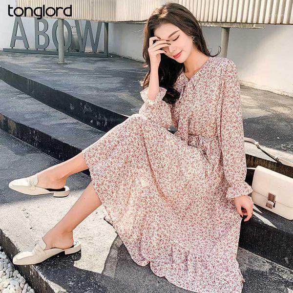 

tonglord women casual 2020 autumn dress lady vintage floral printed chiffon dress long sleeve mid-calf office lady bow vostidos1, Black;gray