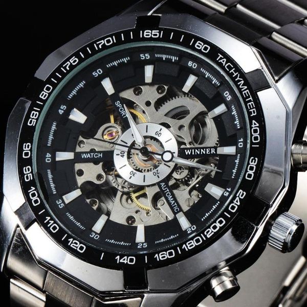 

wristwatches winner watch fashion automatic mechanical men watches tachymeter skeleton dial stainless steel band sport wristwatch gift, Slivery;brown