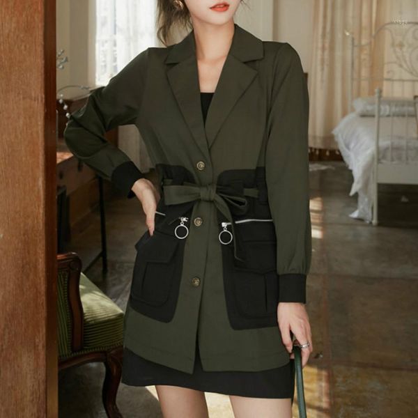 

long style women blazers single breasted notched pockets patchwork coat and jackets spring autumn office lady casual outerwars1, White;black
