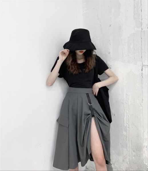 

2020 summer korean safari style maxi skirt pocket womens skirt high waist rokken gray sommer rock skirts woman, Black