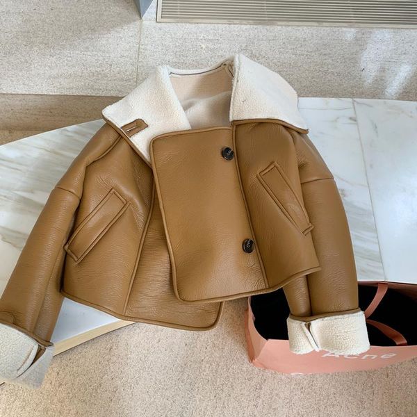 

women's leather & faux fashion lambswool stitching warm locomotive pu jacket female big label collar thickwarm outerwear f679, Black