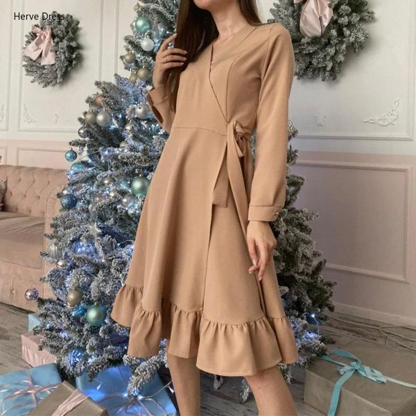 

casual dresses women vintage ruffles sashes solid dress long sleeve v neck office 2021 fashion elegant autumn a line party, Black;gray