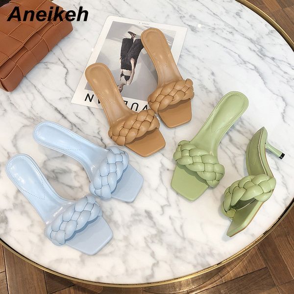 

aneikeh size 35-42 new design weave women slipper thin high heel sandal open toe slip on summer outdoor slides flip flop shoe c1011, Black