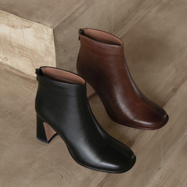 

women ankle boots pu leather office fashion female footwear autumn zipper block high heels short boots 2020 winter ladies shoes, Black
