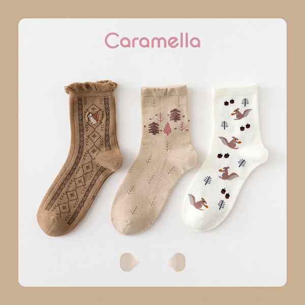 

caramella autumn and winter new children's 3 pairs of socks medium khaki women's medium tube socksliterary style women's sock, Black