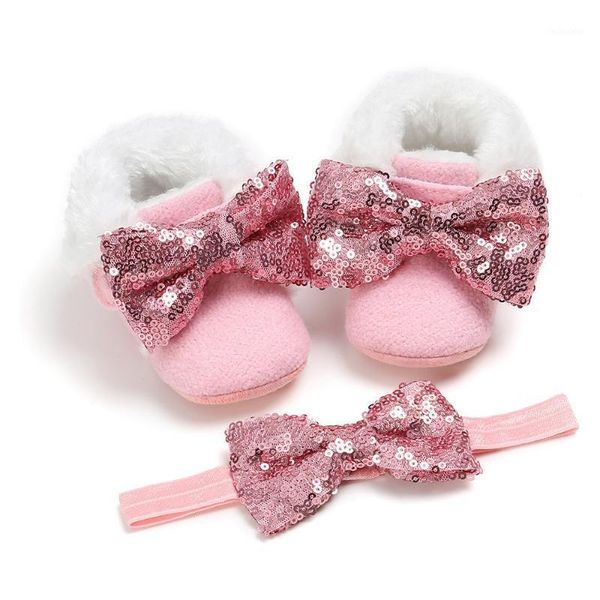 

first walkers baby girls 0-12m winter warm fleece booties with big bow infant prewalkers + headband 2pc kids shoes set1