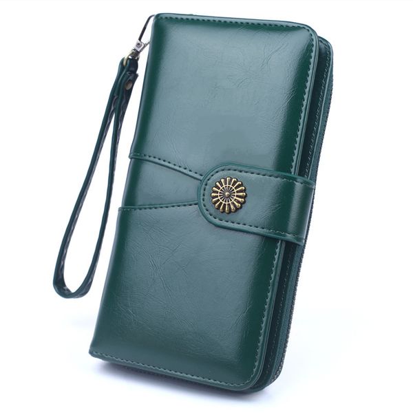 

2020 new mobile phone women's long wax leather wallet large-capacity stitching large bills clip oil pickup bag fahsion, Red;black