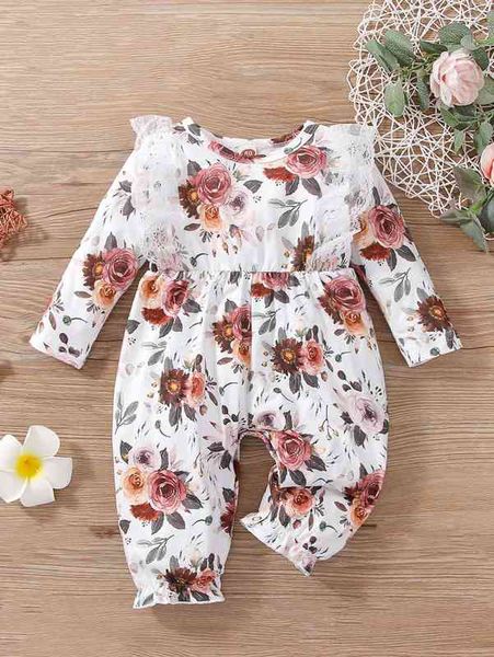 

baby floral print contrast lace ruffle trim jumpsuit she, Blue