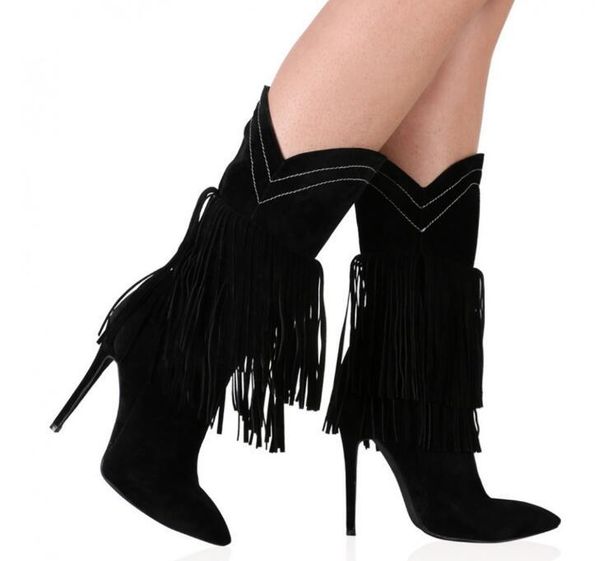 

boots fashion suede leather women pointed toe mid-calf cute fringe ladies slip on thin high heel female knight, Black