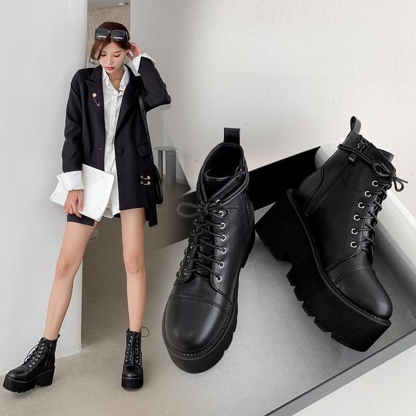 

ymechic 2020 fashion autumn cross tied lace up ankle platform boots gothic punk womens shoes black combat boots female