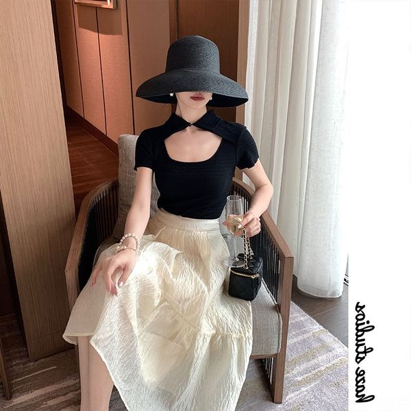 

black knitted short sleeve t-shirt for women 2020 new summer slim and slim design coat t-shirt for women udxxb, White