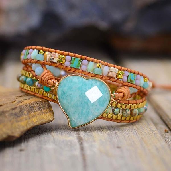 

tennis ly boho leather bracelet heart wrap lrregular love stone 3 layers charm jewelry wholesale & drop, Golden;silver