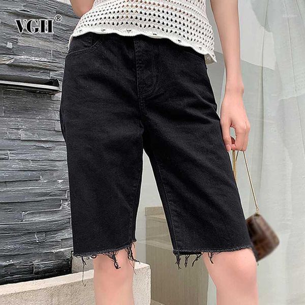 

women's shorts vgh black denim short pants for women high waist frayed straight loose large size casual female 2021 spring clothing1, White;black
